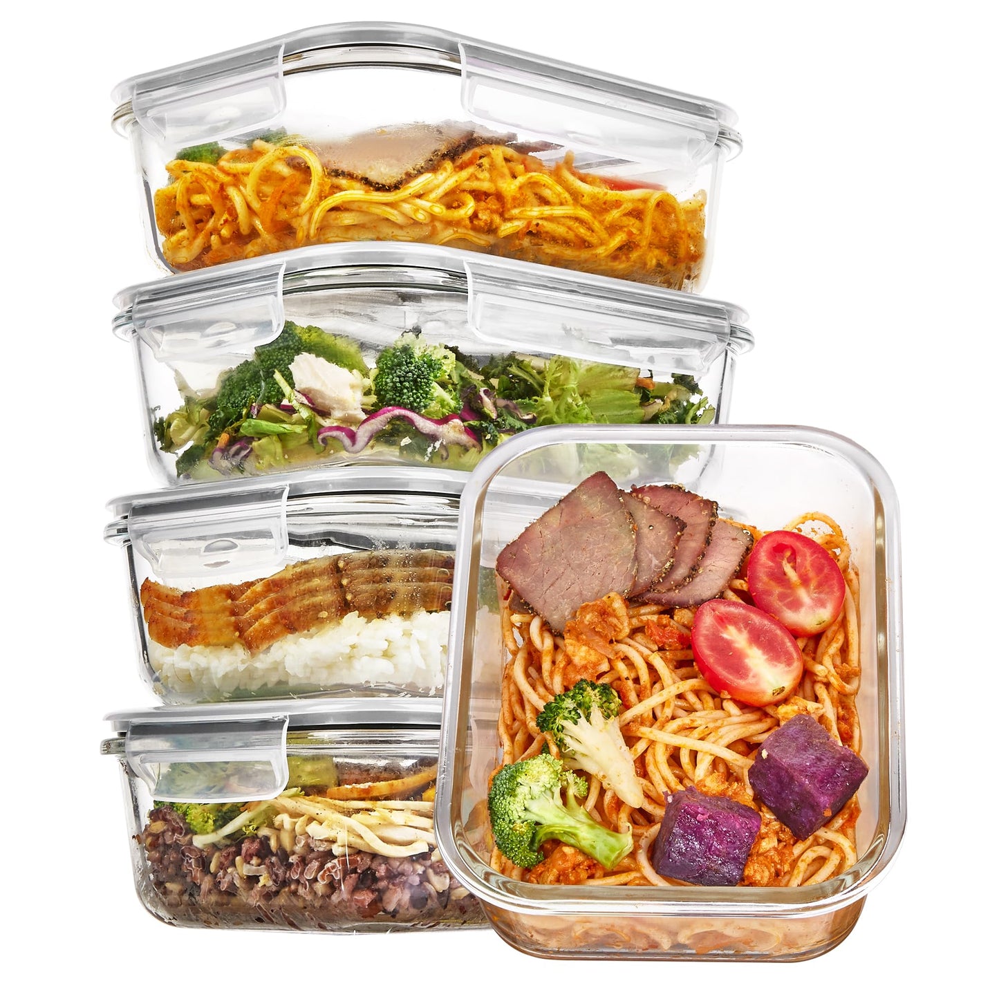 Vtopmart 5 Pack 35oz Glass Food Storage Containers with Lids, Grey