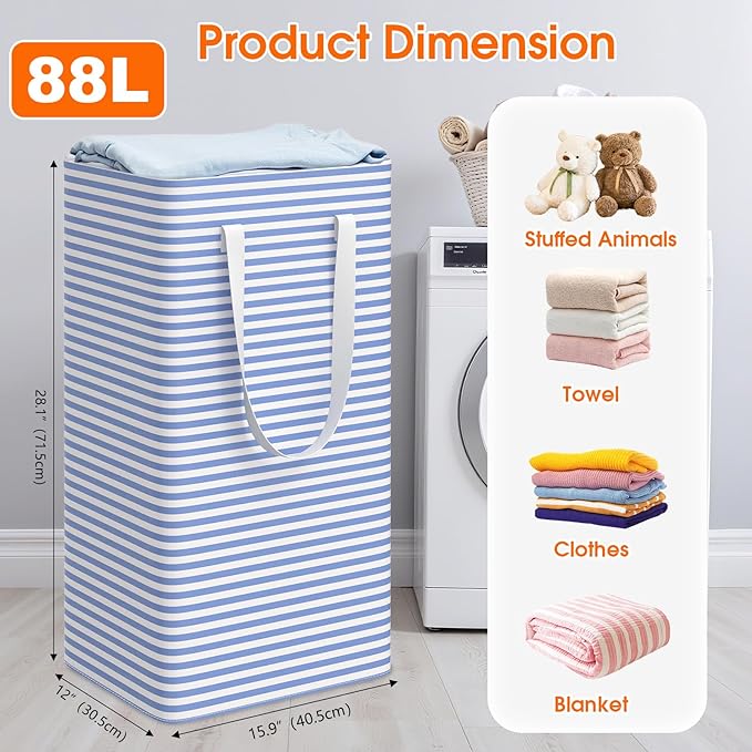 3 Pack Large Laundry Basket,Waterproof & Freestanding Laundry Hamper,Collapsible Clothes Hampers with Easy Carry Long & Reinforced Handles in Bathroom,College Dorm(88Lx3,Blue)