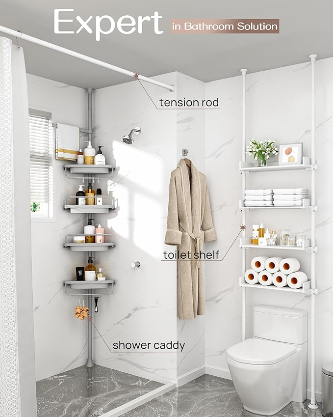 ALLZONE Rustproof Shower Caddy Corner for Bathroom,Bathtub Storage Organizer for Shampoo Accessories,4-Tier Adjustable Shelves with Tension Pole, 34 to 116 Inch, Grey