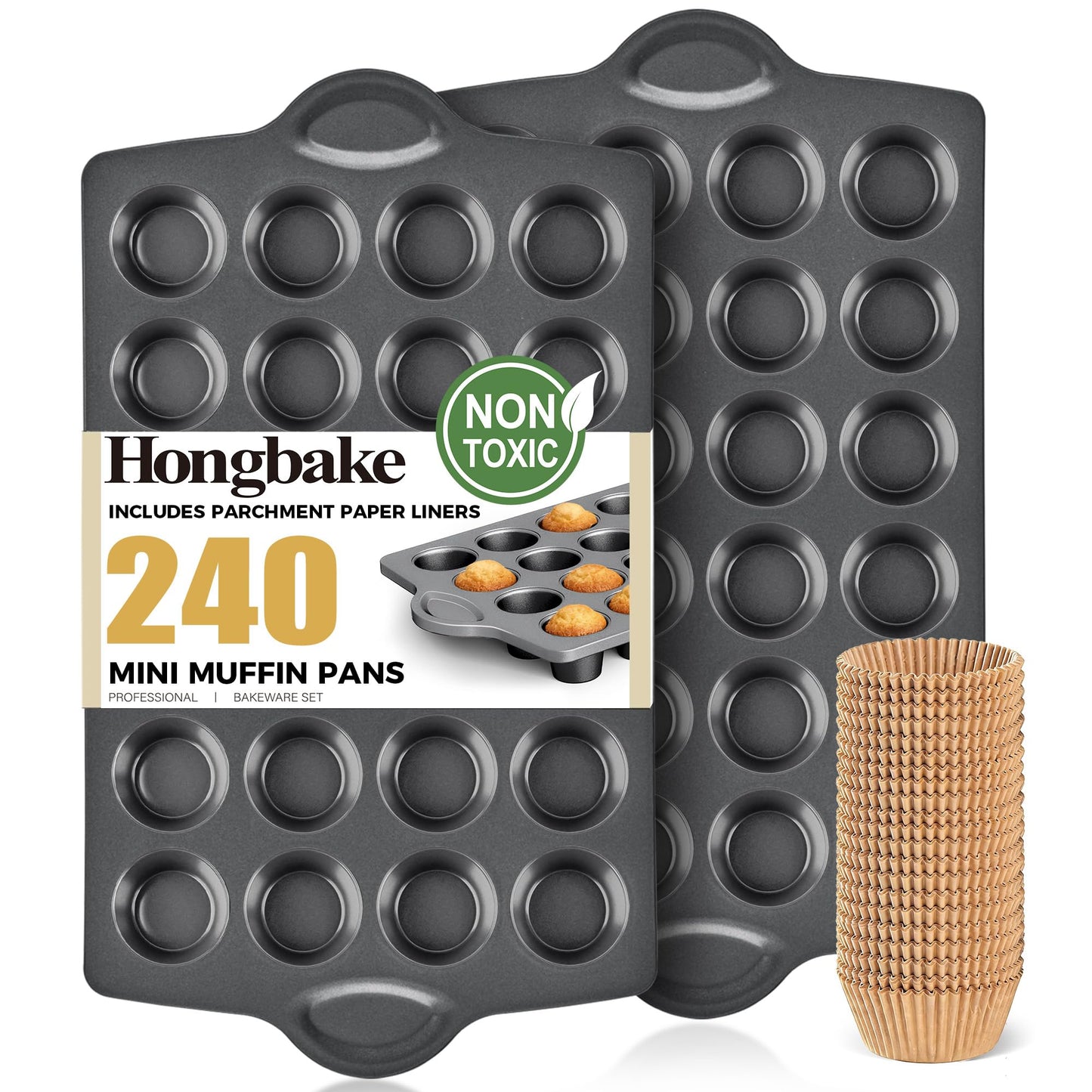 HONGBAKE Muffin Pan for Baking, Nonstick Cupcake Tin 12 Cup, 2 Pack Cup Cake Tray, Premium Cheesecake Pans, Dishwasher Safe - Dark Grey