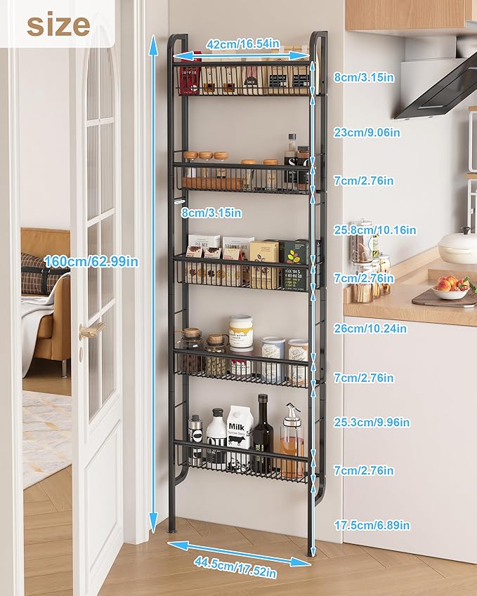 UMDONX Behind The Door Bathroom Shelf Narrow 5-Tier, Space-Saving Slim Storage Shelf Narrow Shelving Unit for Bathroom and Kitchen Black