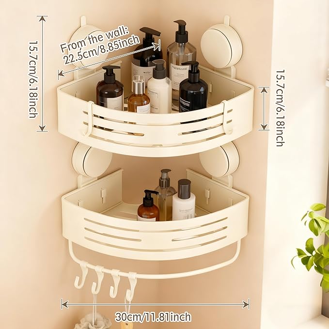 Corner Suction Cup Shower Caddy(2-Pack Cream White),No-Drilling Aluminum Shower Shelf with Towel Bar & Hooks,Removable Bathroom and Kitchen Storage Organizer
