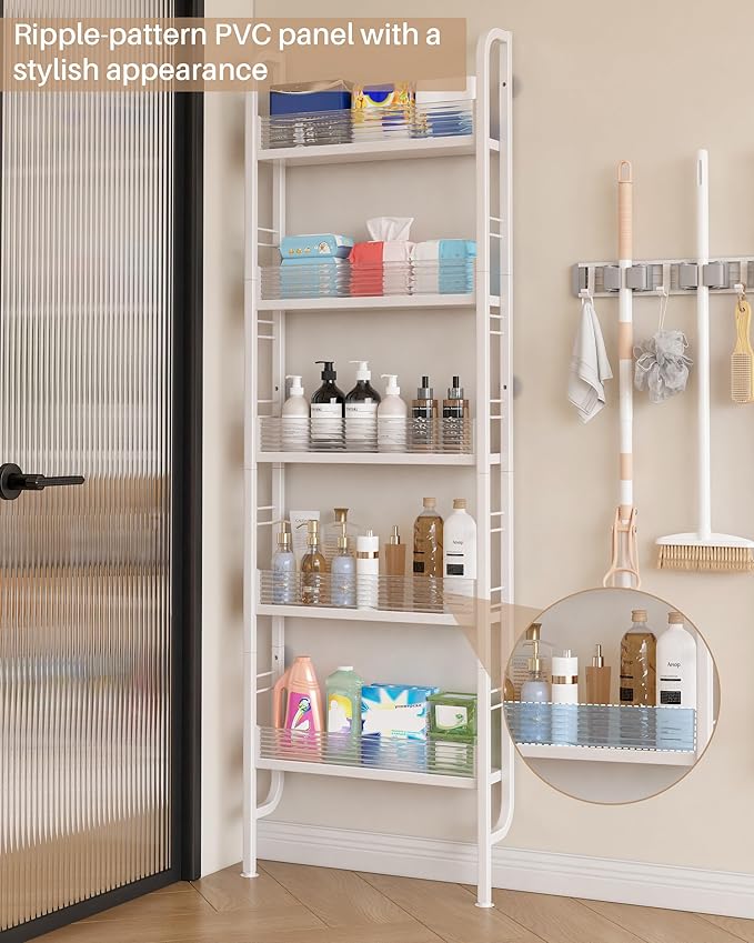 UMDONX Behind The Door Bathroom Shelf Narrow 5-Tier, Slim Space-Saving Storage Shelf, Freestanding Narrow Shelving Unit for Bathroom, Kitchen, Closet and Laundry Room