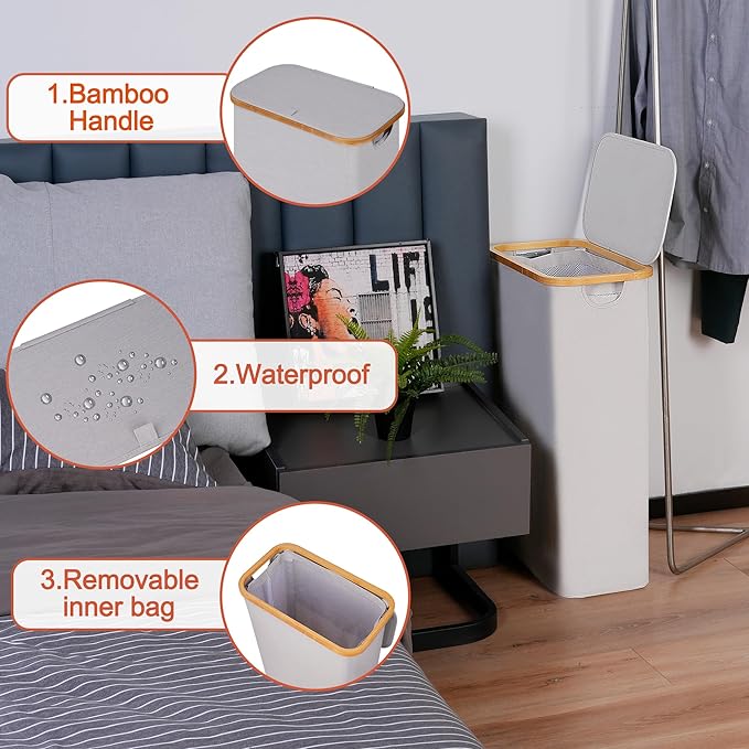 efluky Slim Laundry Basket with Lid, Narrow Laundry Hamper with Removable Bag, Skinny Dirty Clothes Basket with Bamboo Handles for Bathroom, Bedroom & Laundry Room, 75L Light Grey