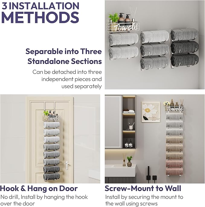 SWTYMIKI Hanging Towel Racks for Bathroom - 9 Tier Over The Door & Wall Mounted Bath Rolled Towel Storage Organizer Holder for Small Bathroom, RV, Camper (Polished Nickel, 9-Tier)
