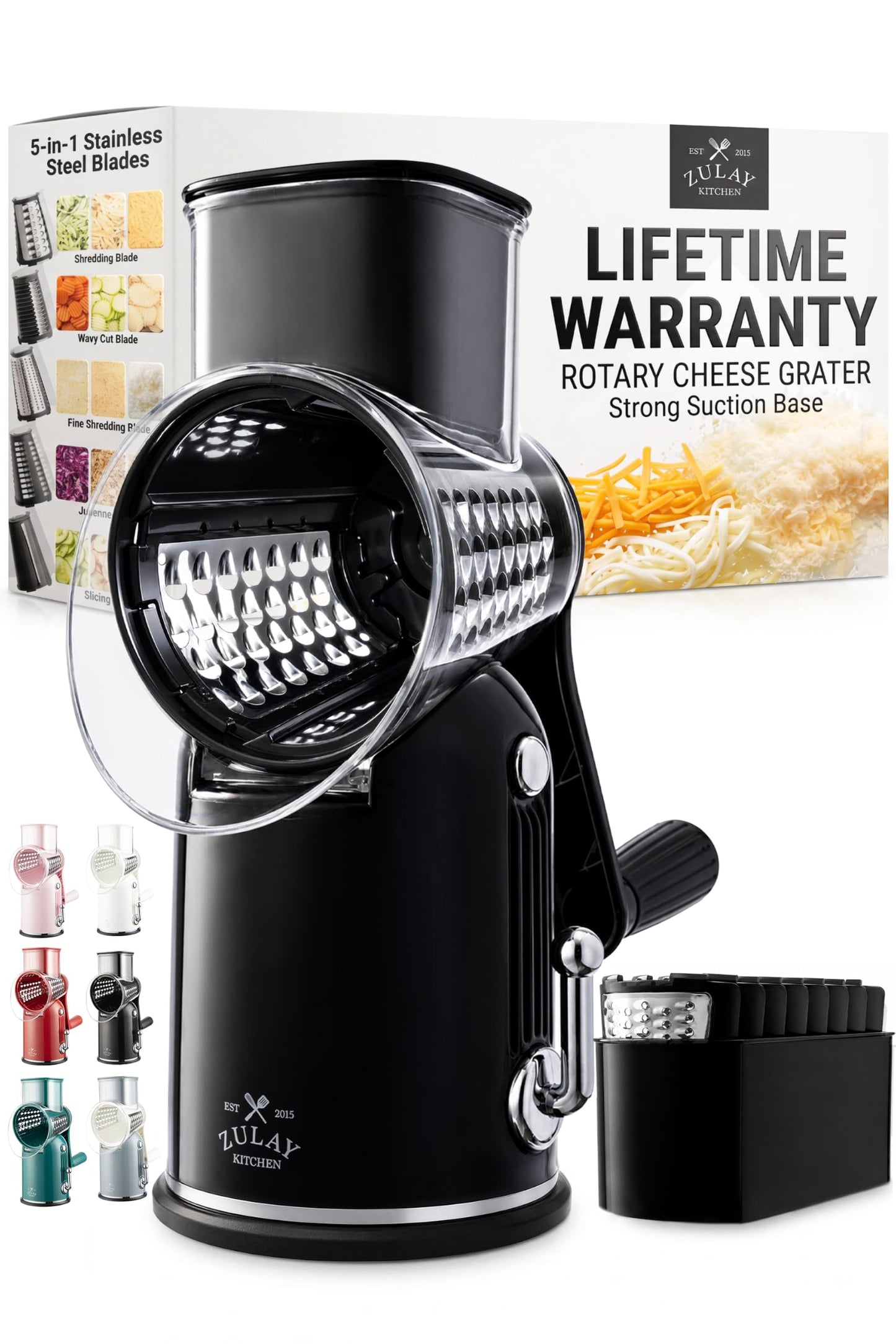Zulay Kitchen Rotary Cheese Grater 5 Blade Cheese Shredder - Manual Hand Crank Cheese Grater With Reinforced Suction & 5 Interchangeable Drums - Easy to Use, Vegetable Chopper Round Mandoline Slicer