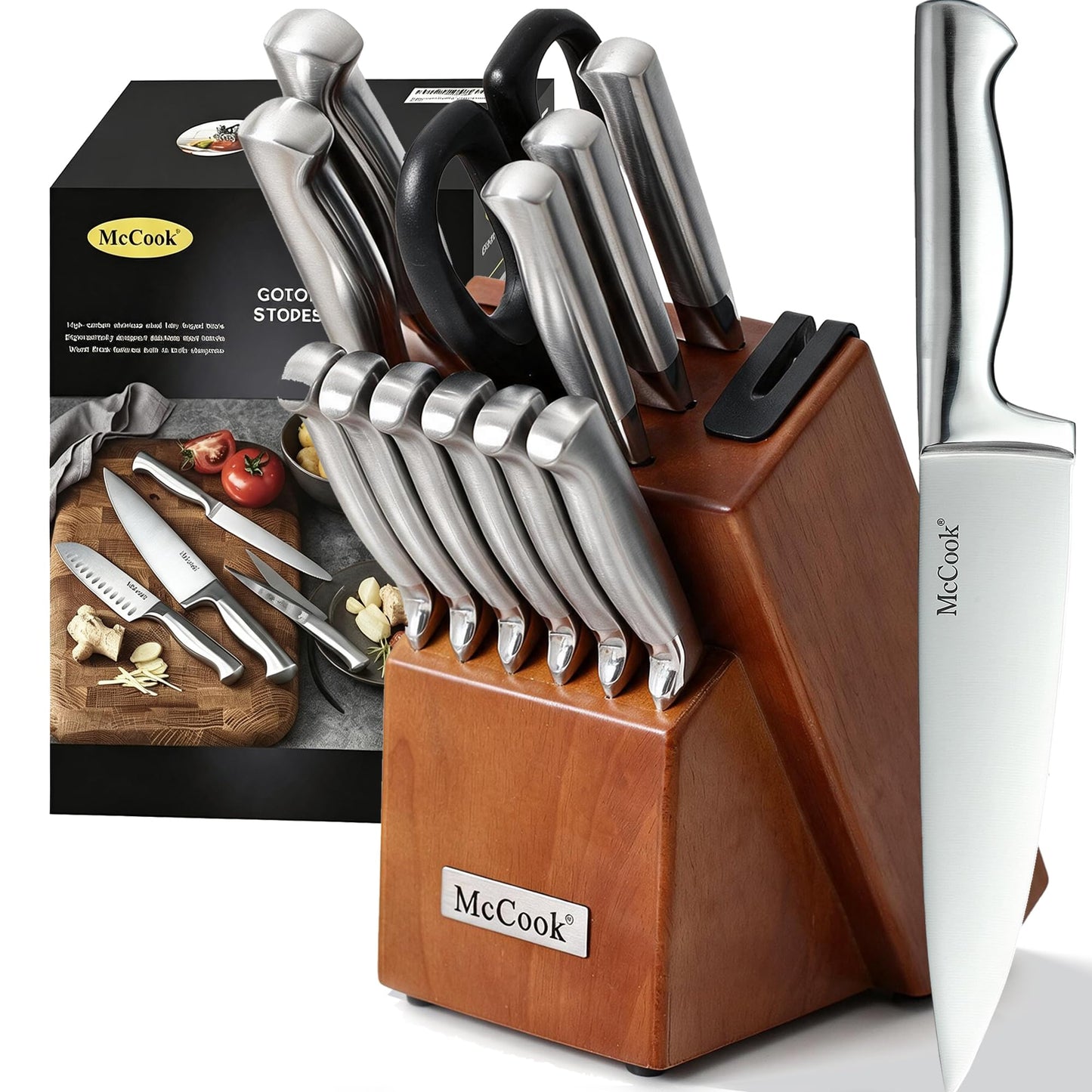 McCook® Kitchen Knife Sets, Golden Titanium Stainless Steel Knives Block Set with Built-in Sharpener, 20 Piece Knives, Restaurant Grade Sharp, Elegant Gold & Stylish Wooden Block for Modern Culinary