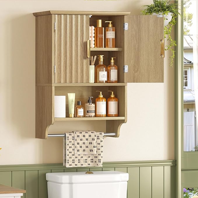 TEENFON Fluted Bathroom Wall Cabinet with Adjustable Shelves and Towel Rack, Wall Mounted Over The Toilet Storage Organizer for Bathroom, Living Room, Natural