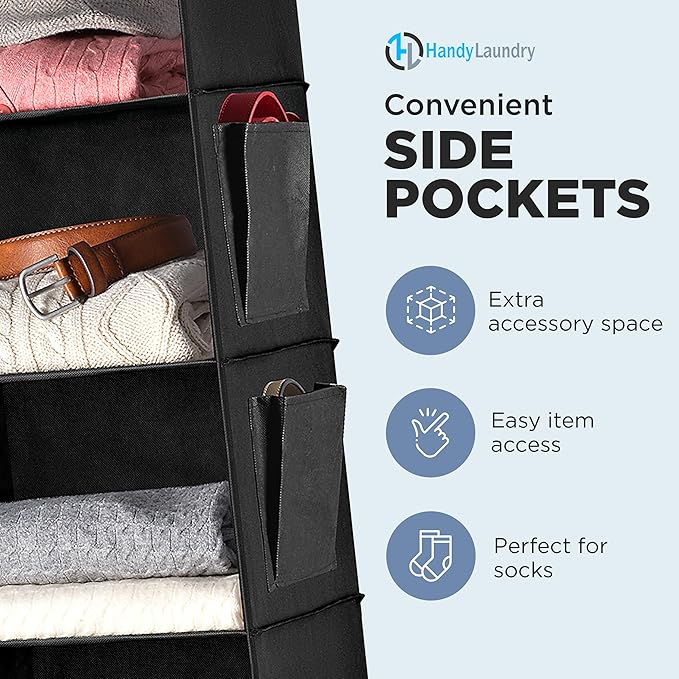 Handy Laundry Hanging Closet Organizer - 6 Shelf Storage for Clothes, Sweaters, Shoes & Accessories - Space-Saving Wardrobe Shelves with Hooks for Dorm, RV & Small Closet Organization (Black)