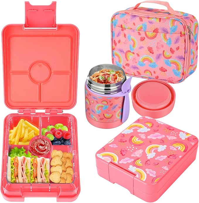 Bento Lunch Box Set for Kids with 10oz Soup Thermo, Leak-Proof Lunch Containers with 4 Compartment, Kids Thermo Hot Food Jar and Insulated Lunch Bag for Kid to School,BPA-Free(Dragon)
