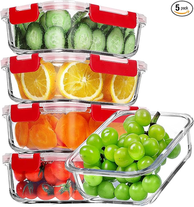 VERONES 5 PACK 36 OZ Glass Meal Prep Containers Set with Lids, Green