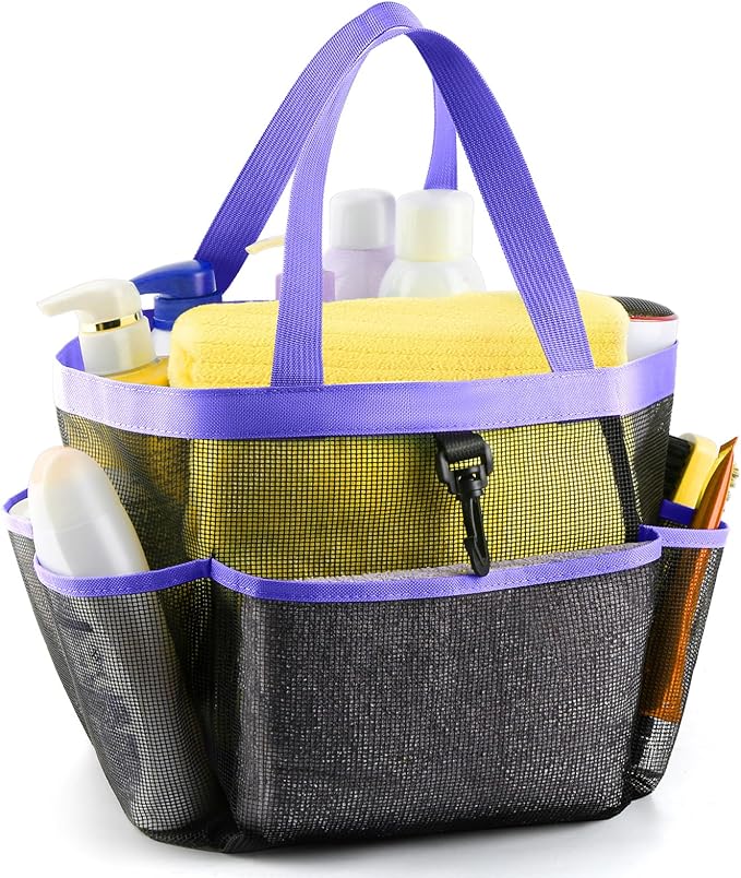 Mesh Shower Caddy Portable for College Dorm Room Essentials with 8 Pockets, Shower Bag for Beach, Swimming, Gym, Travel, Bathroom(Purple)