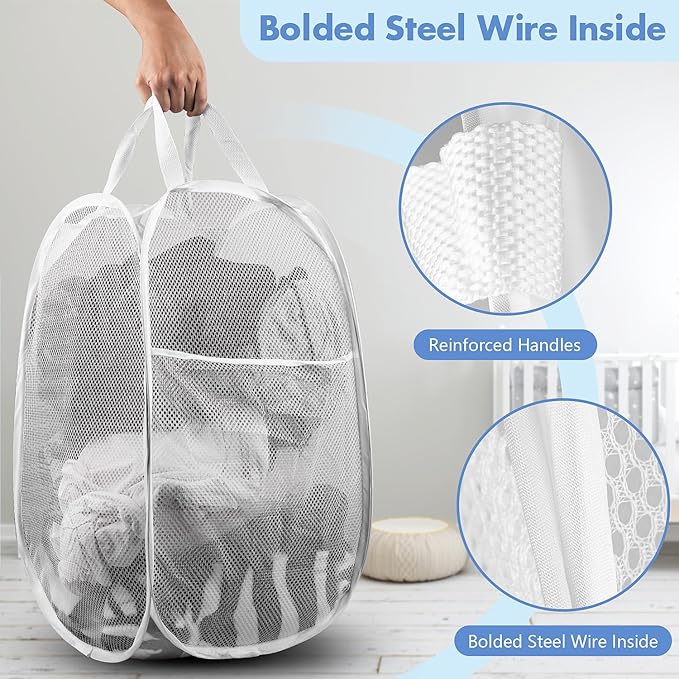DUCOO Pop Up Laundry Hamper, 14.6 x 14.6 x 22.5 in, Mesh, Foldable, White