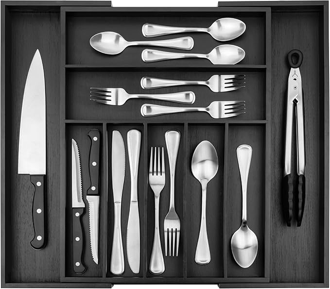 Purawood Kitchen Drawer Organizer - Expandable Utensil Drawer Organizer for Kitchen, Cutlery Tray & Silverware Organizer, 3-5 Slots - Bamboo Organizer for Utensils & Flatware (Grey)