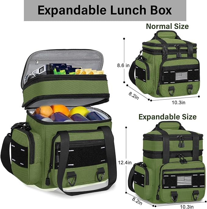 Expandable Tactical Lunch Box, Large Insulated Lunch Cooler Bag Heavy Duty Leakproof Lunch Pail for Men Adults Work Office Outdoor Picnic Trips,16L,Army Green
