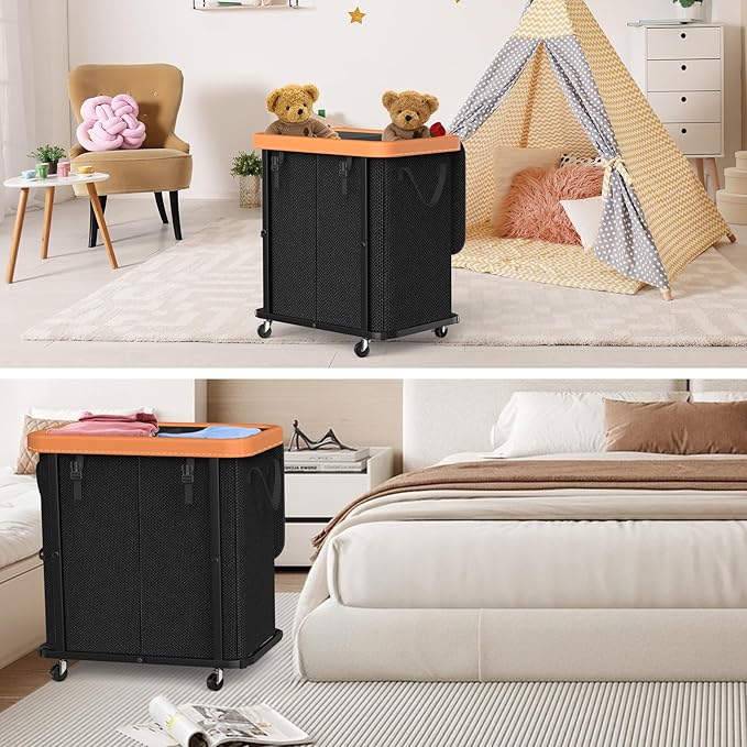 190L (50 Gal) Large Fashion Laundry Basket with Wheels, Leather Patchwork Rolling Hamper Carts, Sturdy Metal Frame, Removable Washable Bag, Tall Clothes Sorter for Bedroom - 2 Setion Black