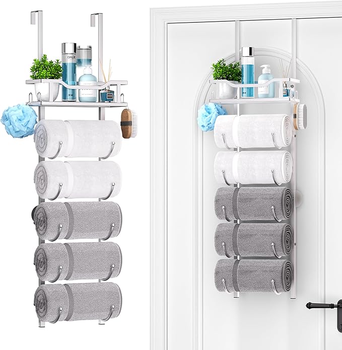 SWTYMIKI Over The Door Towel Rack - 6 Tier Towel Racks for Bathroom Wall Mounted, Towel Holder with Shelf, Hanging Rolled Towel Storage Organizer for Small Bathroom, Camper, RV, Sliver