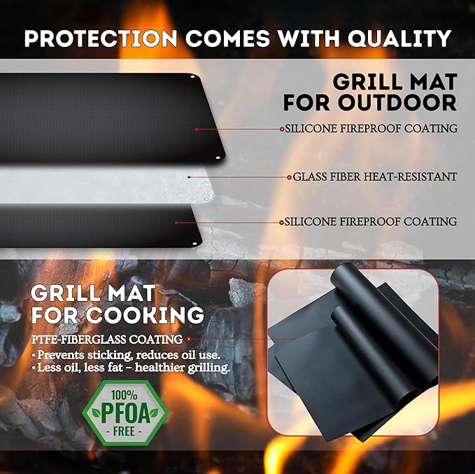 COOKNEST Grill Mat Set – 60"x40" Under Grill Mat for Outdoor Grill + 2 BBQ Cooking Mats, Heat-Resistant Silicone, Includes Stakes & Bag – Use on All Surfaces