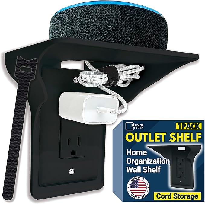 BeraTek Power Perch Wall Outlet Shelf with Cord Storage Strap - Declutter & Reclaim Bathroom Counter Space - Echo Dot Stand, Homepod Mini Wall Mount, Smart Home Devices Organizer - Black, 1-Pack