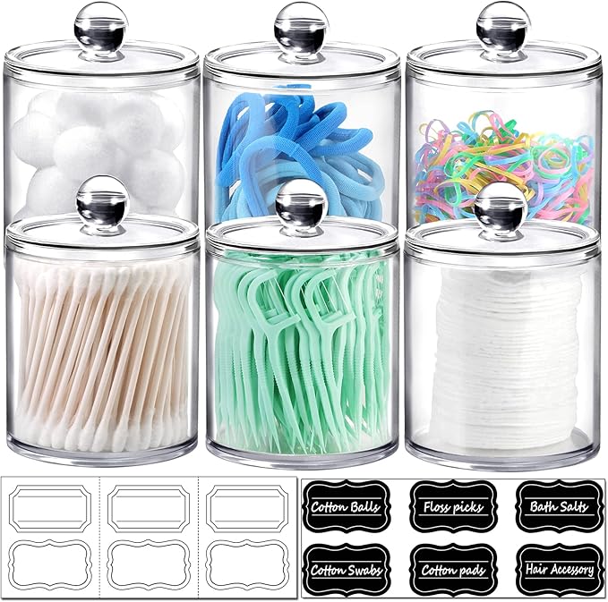 SheeChung 6-Pack Clear Acrylic Apothecary Jars with Labels - (3) 10oz & (3) 12oz Qtip Holder Set - Shatterproof Bathroom Vanity Organizer for Cotton Swabs, Balls, Pads - Minimalist Decor