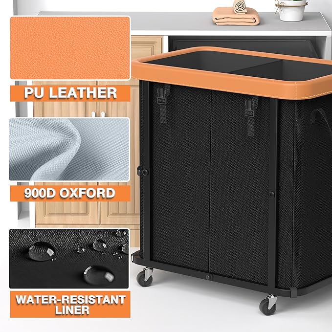 190L (50 Gal) Large Fashion Laundry Basket with Wheels, Leather Patchwork Rolling Hamper Carts, Sturdy Metal Frame, Removable Washable Bag, Tall Clothes Sorter for Bedroom - 2 Setion Black