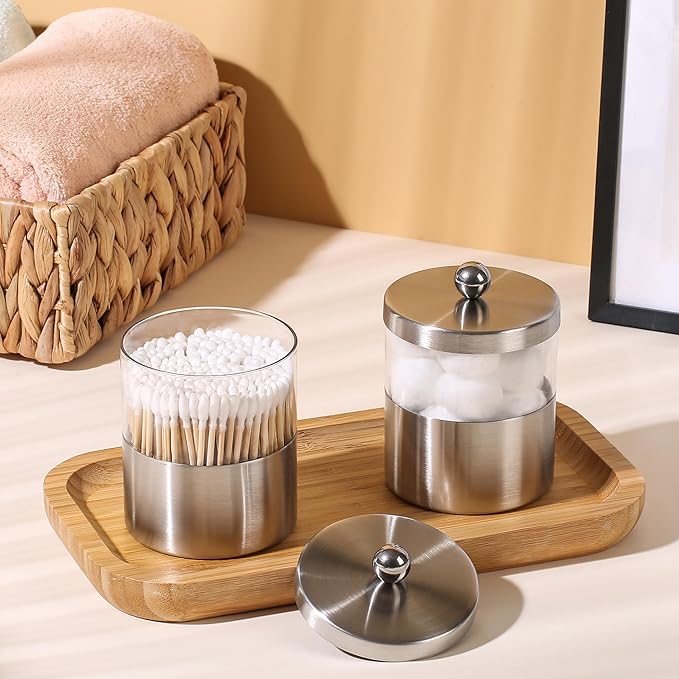 Gaussra Apothecary Jars, Qtip Holder - Brushed Stainless Steel Bathroom Jar with Stickers - Farmhouse Decor Qtip Dispenser for Qtips, Cotton Balls, Swabs, Makeup Sponges (2 Pack, Brushed Nickel)