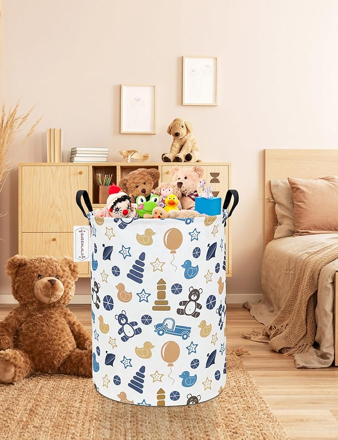 QUEENLALA Large Storage Basket,Laundry Hamper/Bathroom/Home Decor/Collapsible Round Storage Bin,Boys and Girls Hamper/Boxes/Clothing(Round-Colorful Bear)