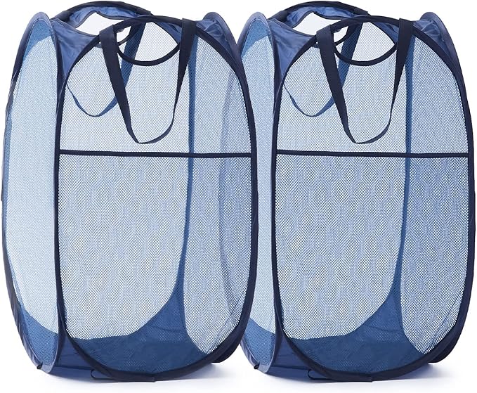 TECHMILLY Collapsible Mesh Pop Up Laundry Hamper with Sturdy Handles and Side Pocket - Portable Foldable Clothes Baskets for Dorm, Bathroom & Travel Storage (Blue, 2 Packs)