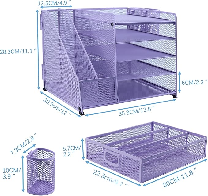 Desk Organiser File Holder With 2 Pen Holder, 5 Tier Paper Letter Tray Organiser with Drawer,Mesh Desktop Storage with Magazine Holder for Office Supplies, Purple