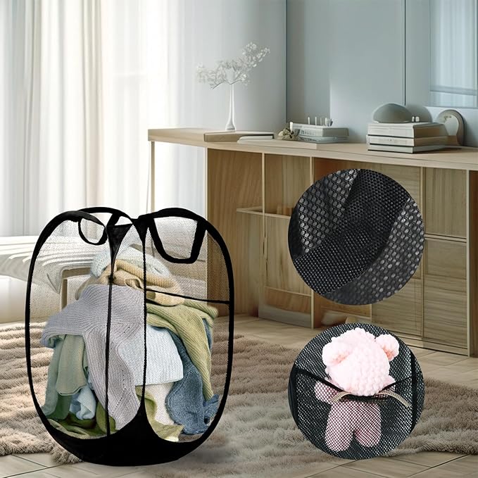 Pop Up Laundry Hamper, Mesh Laundry Basket Collapsible, Foldable Hamper for Travel and Storage (Black)