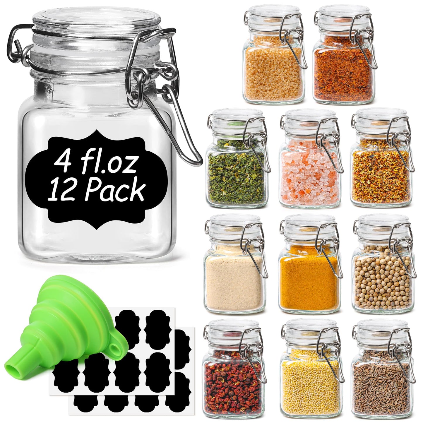 ComSaf Square Glass Spice Jars 8 oz 6 Pack with Labels and Funnel Set