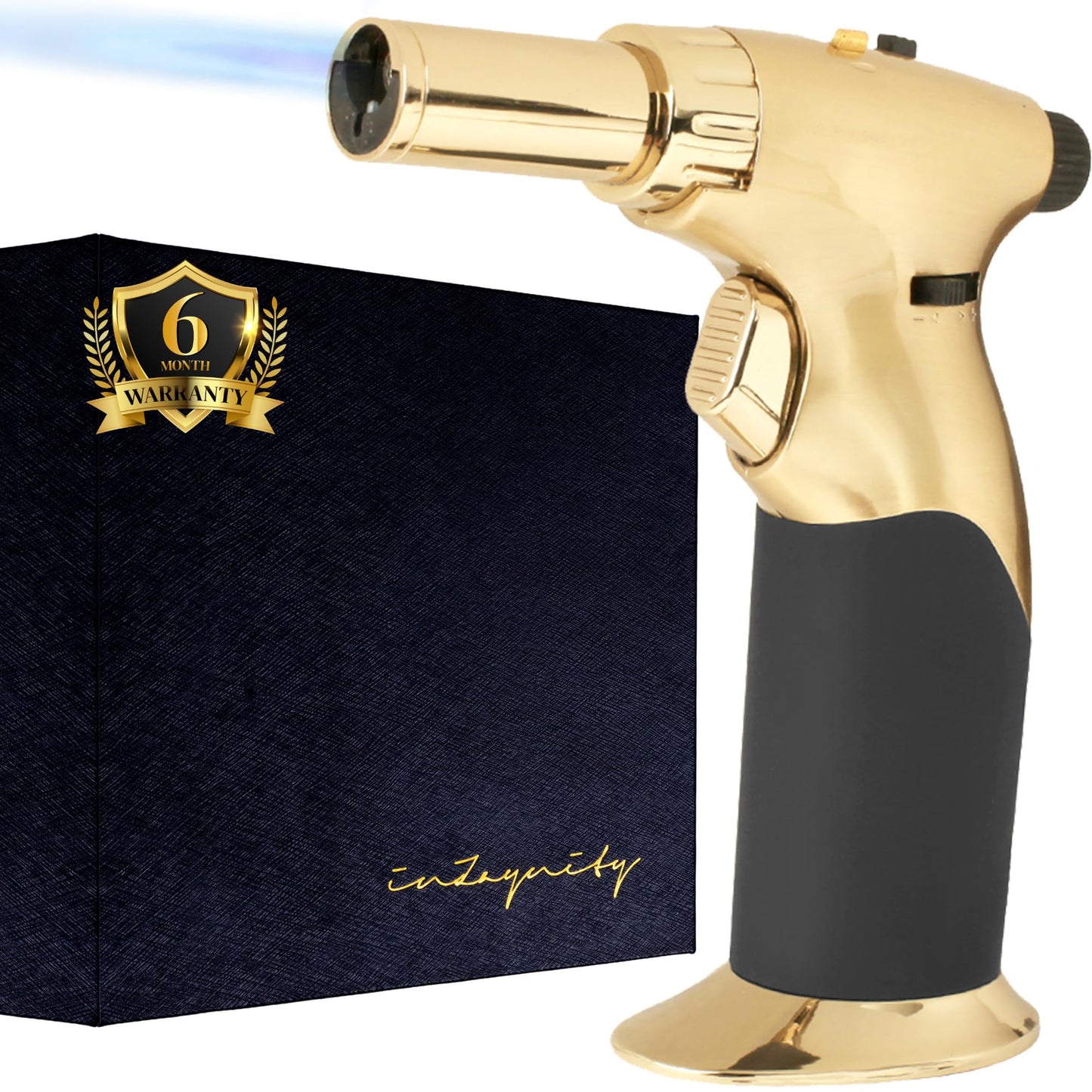 Dual Flame Butane Torch - Refillable Handheld Blow Torch for Cooking, Soldering, & Resin Art w/Adjustable Flame & Ignition Lock - Kitchen Blow Torch & Luxurious Gift Box by inZaynity® - Brown Steel