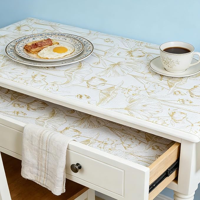 Shelf Liners Non Adhesive Light Base Gold Lotus Pattern - Thickened Non-Slip Easy to Clean Drawer Liner for Kitchen Cabinets, Tool Box, Refrigerator, with Knife & Tape Measure, 12in x 20FT