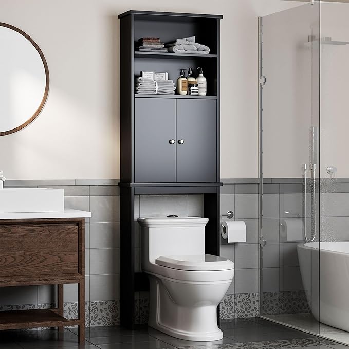 Shintenchi Over The Toilet Storage Cabinet, Bathroom Above The Toilet Rack, Bathroom Adjustable Shelf Organizer with Open Bottom Bar and Anti-Tip Device, Black