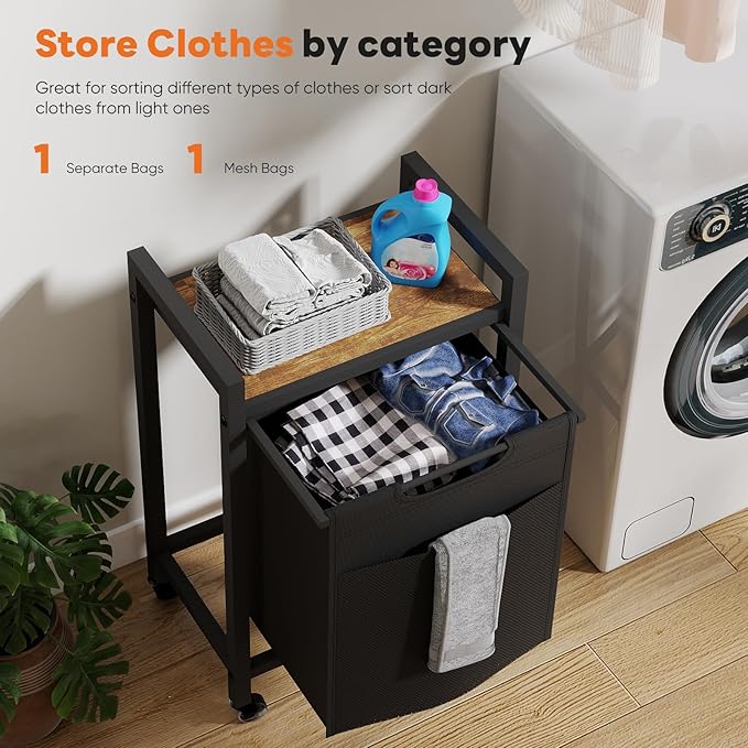 DUMOS Laundry Hamper with 1 Pull-Out Removable Sorter Bags, Movable Wheels, Freestanding Clothes Basket Organizer in Bathroom, 1 × 18.3Gal (69L) Capacity, Rustic Brown and Black