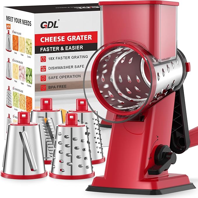 GDL Upgraded Cheese Grater Shredder Hand Crank, Vegetable Slicer, 4 Blades