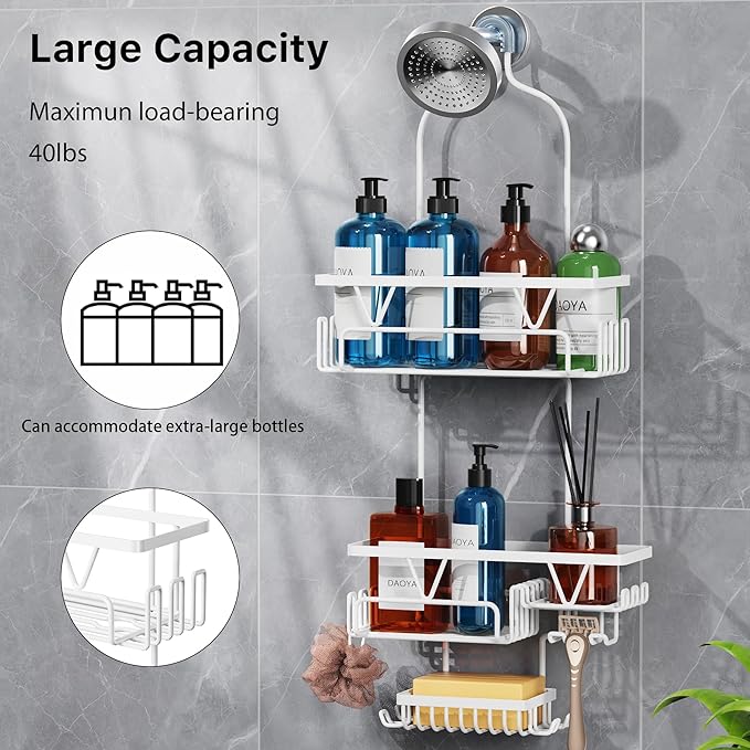 Over the Shower Head Caddy, White Shower Caddy Hanging, 3 Tier Anti-Swing Bathroom Organizer with Soap Holder & Hooks