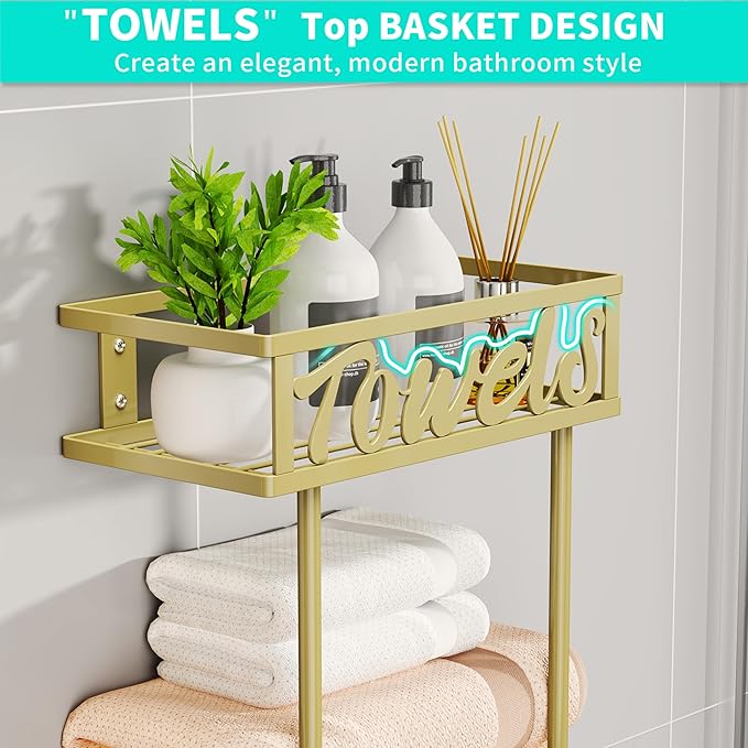 HapiRm Towel Rack Bathroom Storage - 3 Tier Over The Door & Wall Mounted Rolled Towel Racks Holder Organizer with Metal Shelf and 6 Hooks for Small Bathroom, Camper, Rv - Gold