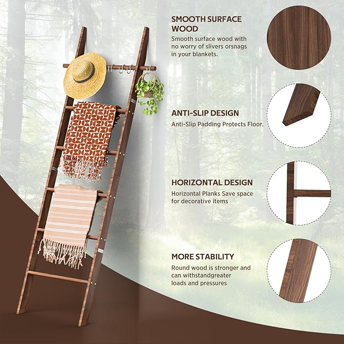 Farmhouse 6 Ft Wooden Blanket Ladder with Removable Hooks, 6-Tier Rustic Blanket Rack Decorative Stand, Leaning Towel Quilt Rack Holder for Bathroom Living Room Decor Brown