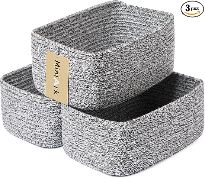 Small Storage Baskets for Organizing | Closet Organizer Bins | Shelf Toy Basket | Woven Rope Baskets | Cube Decorative Box | Shallow Basket | 11.5x7.5x4.7” | 3 Packs Mixed Grey