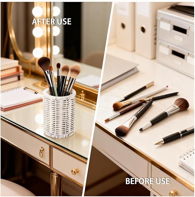 Rattan Jars, Rattan Desk Organizer, Bathroom Essentials Accessories Decor, Vanity Makeup Storage Organizer, for Cotton Balls, Pads, Floss Picks-Minimalist Decor , White(DP053)