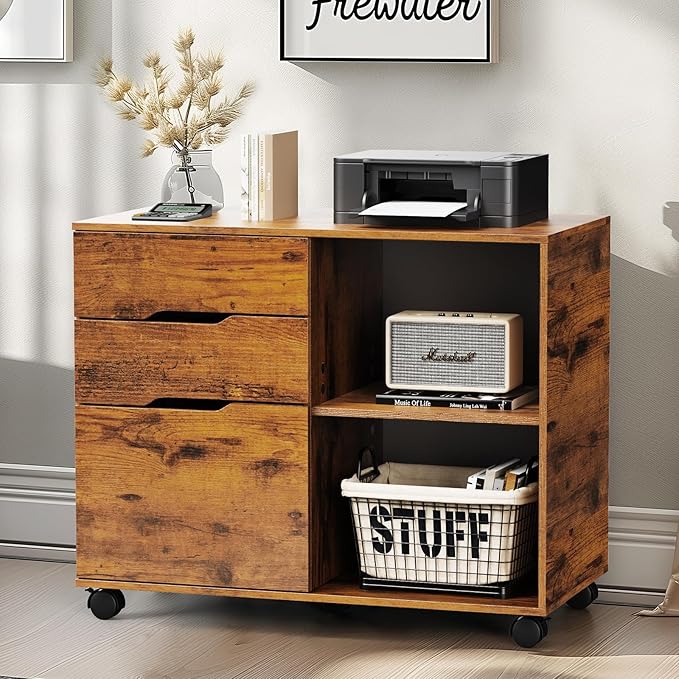 DUMOS Lateral File Cabinet with 3 Drawers Rolling Filing Cabinets Under Desk Storage Printer Stand Wood Organizer with Wheels Adjustable Shelf for Office Home Small Space, Brown