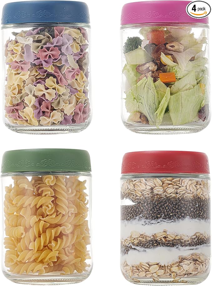 16 OZ 4Pack, Overnight Oats Jars with Lids, Glass Meal Prep Containers, Airtight Mason Jars for Breakfast, Yogurt Parfait, Salad & Smoothies, Leakproof and Reusable Food Storage Jars(4-1)
