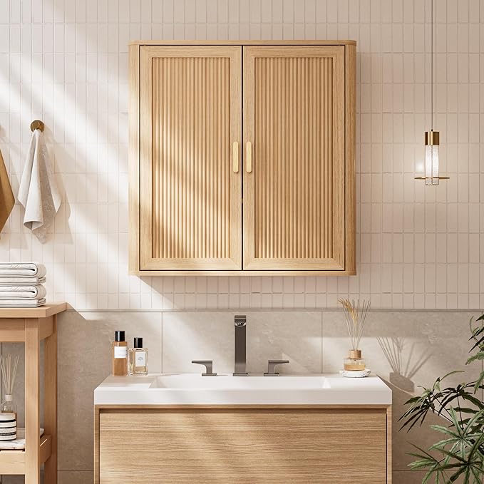 Bathroom Storage Cabinet, Over The Toilet Storage Cabinet, Medicine Cabinet with Adjustable Wood Shelf & Doors for Laundry Room & Kitchen & Living Room (Natural Oak)