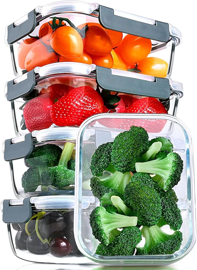M MCIRCO 5 Pack,30 oz Glass Food Storage Containers with Lids, Gray