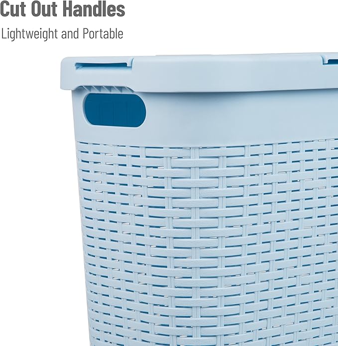 Mind Reader Slim Laundry Hamper with Lid, 40L Clothes Basket, Premium Wicker Design, Plastic, Baby Blue