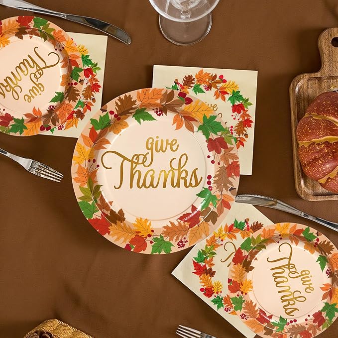 JOYIN 100 Pcs Thanksgiving Paper Plates and Napkins Disposable Dinnerware Set for 25 Guests, Give Thanks Theme Party Supplies, Happy Autumn Tableware Set