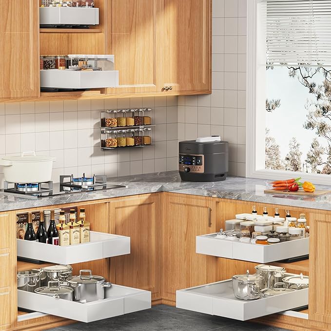 4 Pack Expandable Width (9"-14.1") Pull Out Cabinet Organizer 21" Deep with Raising Pad for Framed Cabinets, Upgrade 3 Slide Rails Slide Out Drawers, Roll Out Shelves Adhesive, White