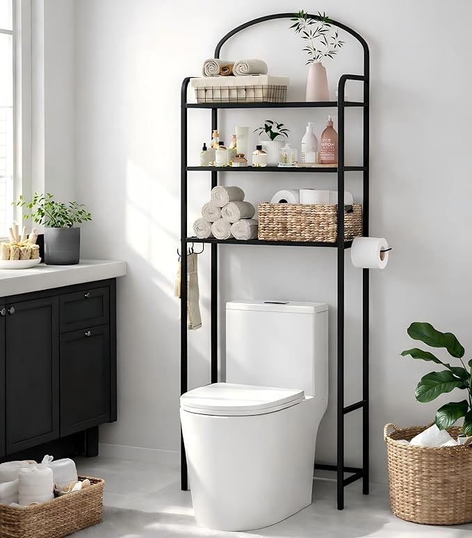 3-Tier Over The Toilet Storage, Bathroom Organizer, Space-Saving, Above Toilet Storage Rack with 4 Hooks and Paper Holder, Metal Shelf, Black