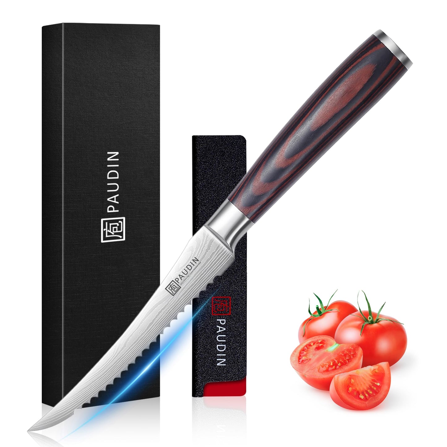 PAUDIN Tomato Knife, 5 inch Serrated Tomato Knife with Sheath